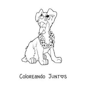 Imagen para colorear de un perro animado sentado usando un collar de flores