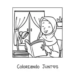 Imagen para colorear de una niña con hiyab leyendo un libro en su habitación