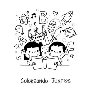 Imagen para colorear de dos niños leyendo un libro con dibujos animados