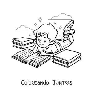 Imagen para colorear de un niño acostado leyendo un libro