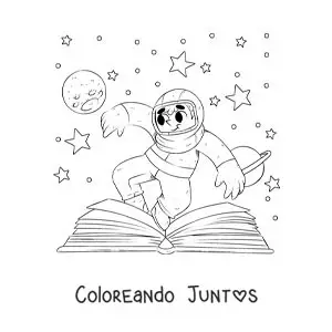 Imagen para colorear de un astronauta en el espacio que sale de un libro abierto