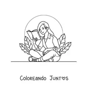 Imagen para colorear de una chica sentada leyendo con plantas alrededor