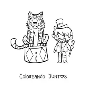 Imagen para colorear de un domador de circo junto a un tigre animado