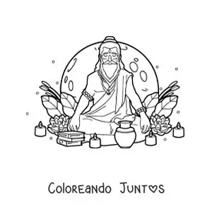Imagen para colorear de un gurú hindú sentado meditando con velas