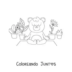 Imagen para colorear de un oso animado meditando rodeado de plantas