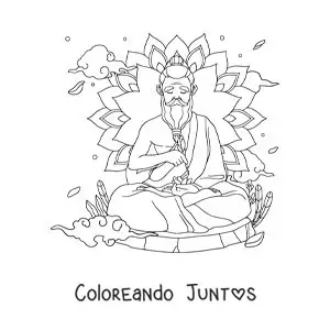 Imagen para colorear de un gurú meditando con una mandala de fondo