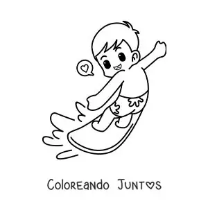 Imagen para colorear de un niño animado surfeando