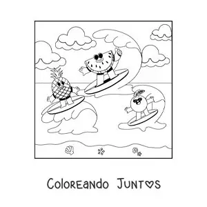 Imagen para colorear de una caricatura de frutas animadas surfeando en la playa
