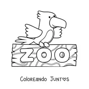 Imagen para colorear de una caricatura de un ave posada sobre un letrero del zoológico