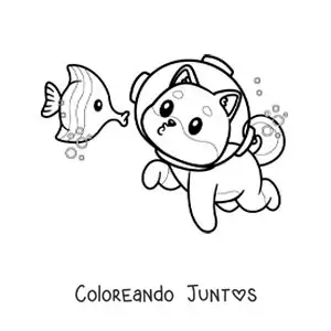 Imagen para colorear de un perro animado con casco buceando con un pez