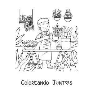 Imagen para colorear de un hombre regando sus plantas en su invernadero