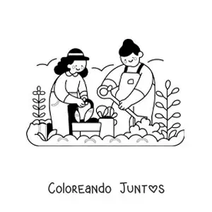 Imagen para colorear de dos chicas haciendo mantenimiento a un jardín