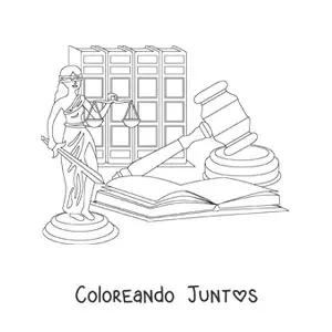 Imagen para colorear de una figura de Justicia sujetando una balanza junto a un mazo