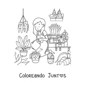 Imagen para colorear de una mujer cuidando de las plantas en un invernadero
