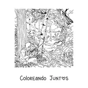 Imagen para colorear de un cazador apuntando a un ciervo en el bosque