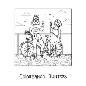 Imagen para colorear de dos amigas comiendo helado en un paseo en bici