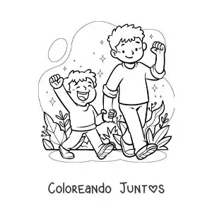 Imagen para colorear de un niño y su hermano menor paseando de la mano por el parque