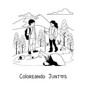 Imagen para colorear de una pareja haciendo senderismo en las montañas