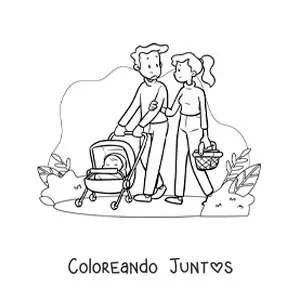 Imagen para colorear de una pareja de paseo en el parque con su bebé