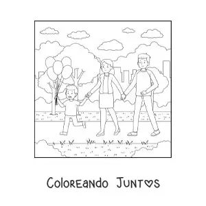 Imagen para colorear de una familia paseando en el parque con su hijo pequeño con globos