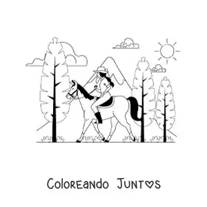 Imagen para colorear de una chica en un paseo a caballo en el bosque