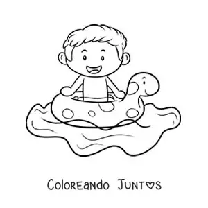 Imagen para colorear de un niño con flotador en una piscina