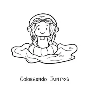 Imagen para colorear de una niña con flotador y lentes de natación en una piscina