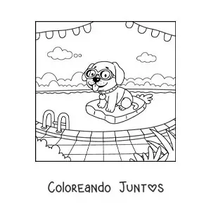 Imagen para colorear de un perro animado con flotador y lentes en una piscina