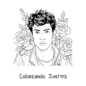 Imagen para colorear de un retrato de Shawn Mendes con flores