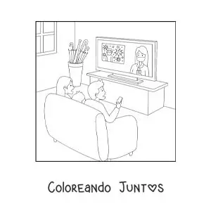 Imagen para colorear de una familia viendo las noticias sentados frente al televisor