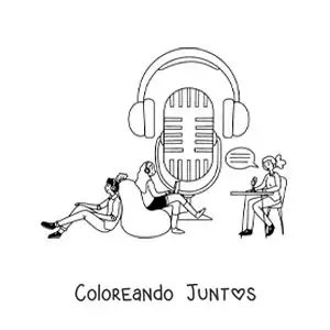 Imagen para colorear de un micrófono de radio con una chica grabando un programa y dos chicos sentado escuchando