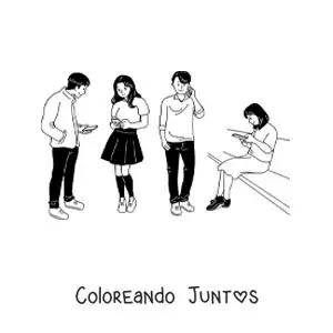 Imagen para colorear de un grupo de adolescentes hablando y mensajeando por teléfono