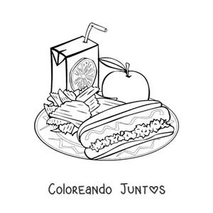 Imagen para colorear de plato de almuerzo con manzana, salchicha, papas y jugo de naranja