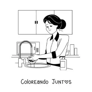 Imagen para colorear de una madre lavando platos en la cocina