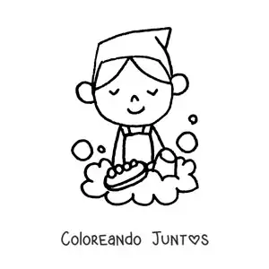 Imagen para colorear de un niño lavando platos con una esponja