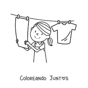 Imagen para colorear de una niña colgando la ropa limpia en el tendedero