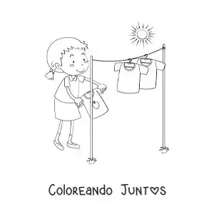 Imagen para colorear de una niña animada secando la ropa al sol en el tendedero