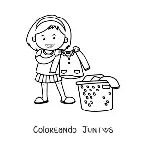 Imagen para colorear de una niña recogiendo la ropa lavada en un cesto