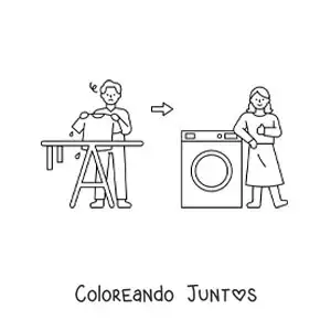 Imagen para colorear de un hombre tendiendo la ropa para secarla vs una mujer con la ropa en la secadora