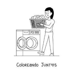 Imagen para colorear de una chica llevando un cesto de ropa a la lavadora