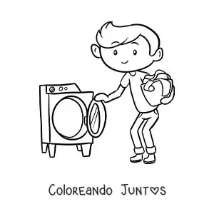 Imagen para colorear de un niño animado llevando un cesto de ropa a la lavadora