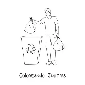 Imagen para colorear de un chico llevando bolsas de basura a una papelera de reciclaje