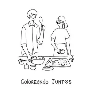 Imagen para colorear de una pareja cocinando juntos