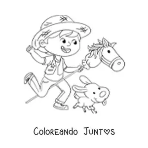Imagen para colorear de un niño jugando disfrazado de vaquero