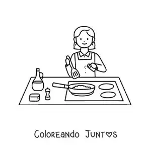 Imagen para colorear de una chica cocinando en un sartén