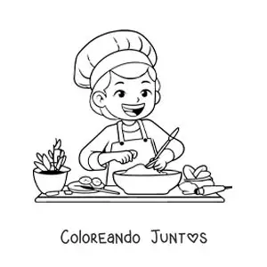 Imagen para colorear de una niña cocinando con gorro de chef