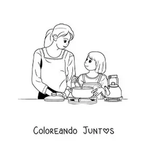 Imagen para colorear de una niña ayudando a su madre a cocinar