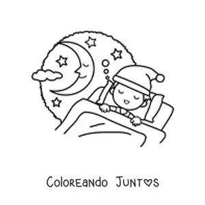 Imagen para colorear de un niño durmiendo con la Luna sonriendo