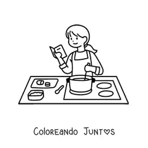 Imagen para colorear de una mujer siguiendo una receta de cocina