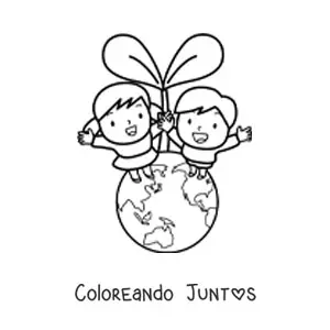Imagen para colorear de dos niños cuidando el planeta